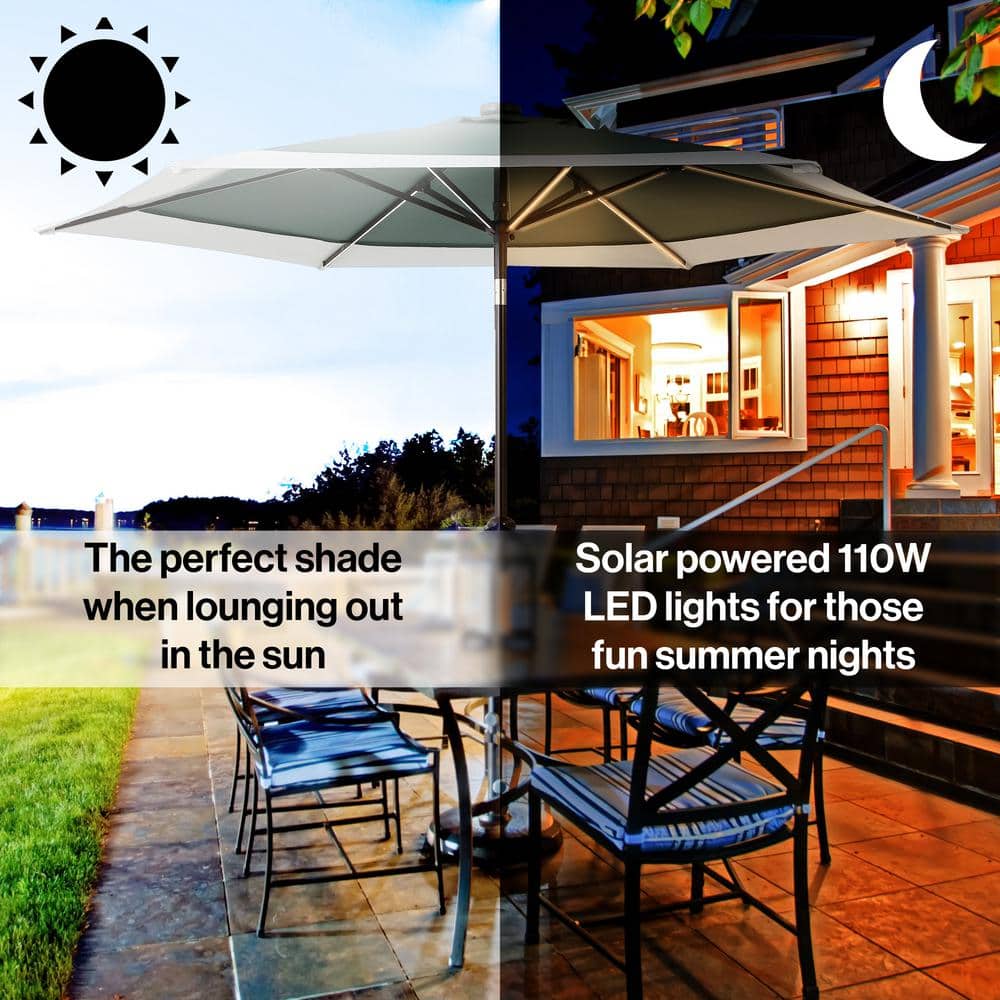 Spencer 9 ft. Green and White Aluminum Coastal Patio Umbrella with LED Lights
