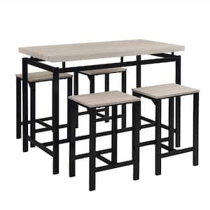 Beige 5-Piece Wood Outdoor Dining Set with Counter and Pub Height