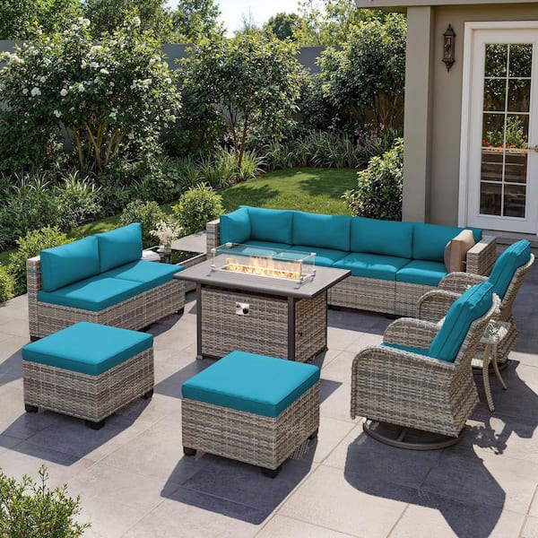 13-Piece Wicker Patio Conversation Set with 55,000 BTU Fire Pit Table and Glass Top Table with Turquoise Cushions
