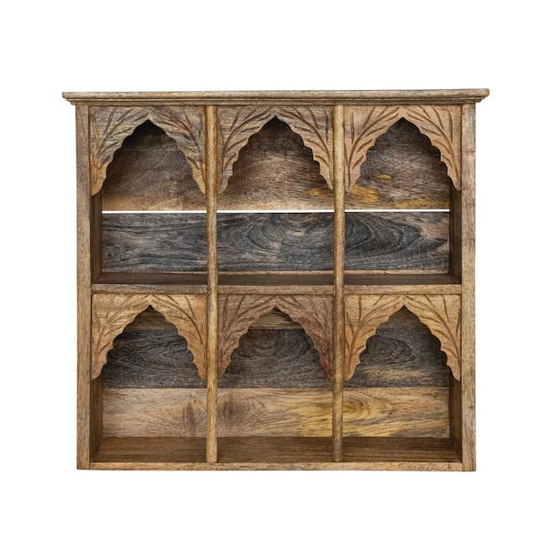 Storied Home 20 in. W x 5 in. D Natural Carved Mango Wood Decorative Wall Shelf with 6-Sections