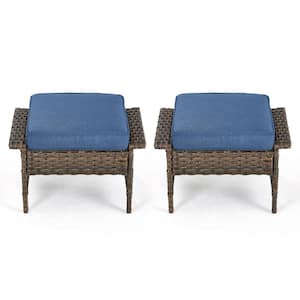 Seagull Series 2-Pack Wicker Outdoor Ottoman Steel Frame Footstool with Removable Blue Cushions