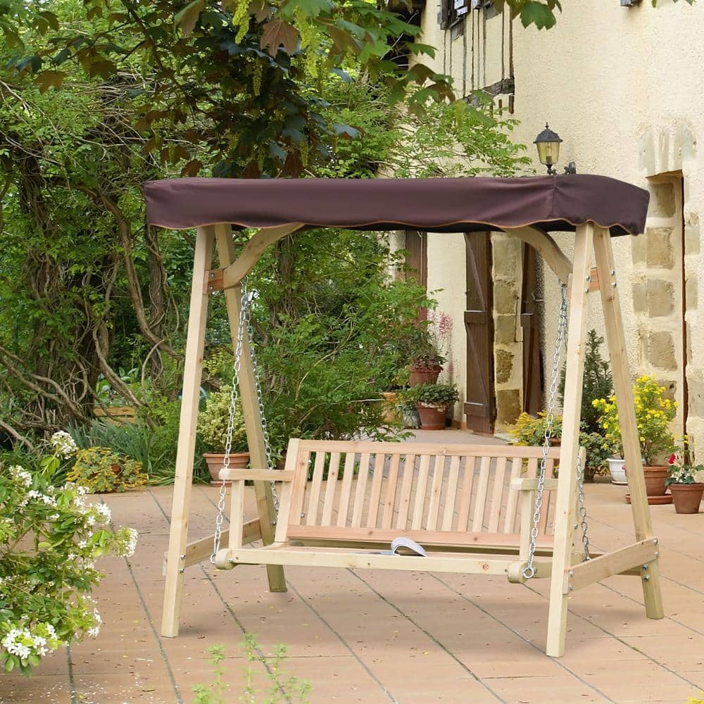 Natural Fir Wood 2-Seater Porch Swing with Brown Canopy