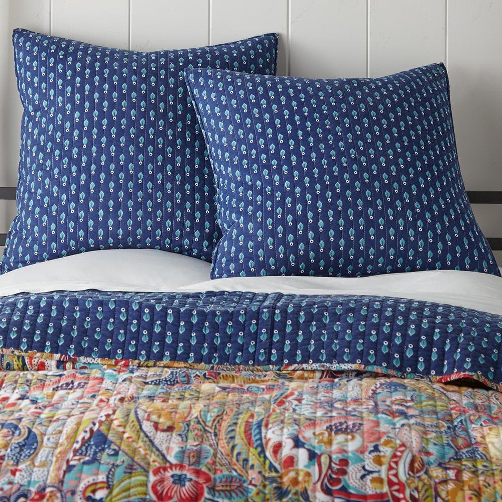Navy Cotton Leaf Pattern Euro Sham Set of 2