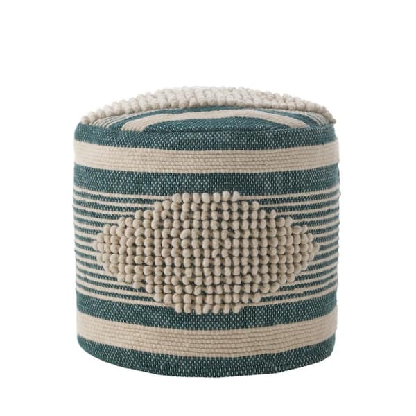 Noble House Volney White and Teal Cylinder Pouf