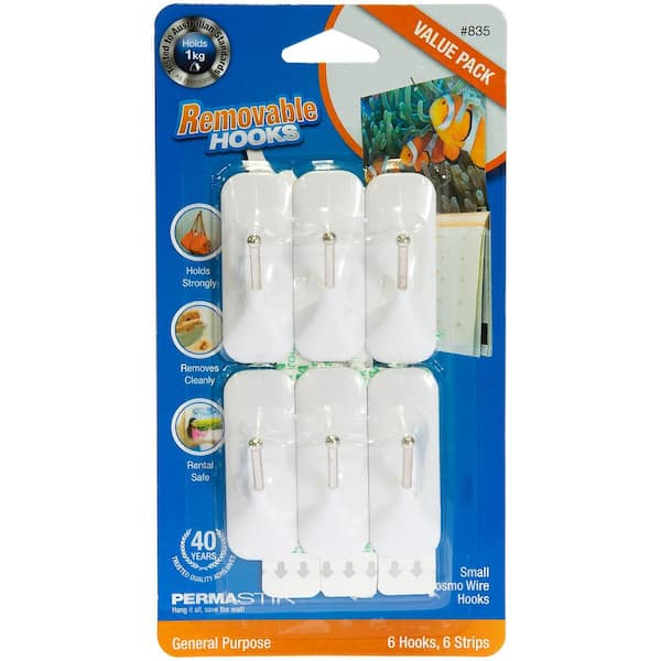 Unbranded Small Wire Hooks Value, Removable Adhesive Strips, White (6-Pack)
