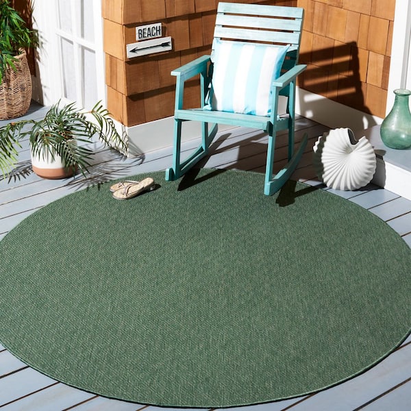 Courtyard Dark Green 7 ft. x 7 ft. Solid Color Ikat Indoor/Outdoor Round Area Rug