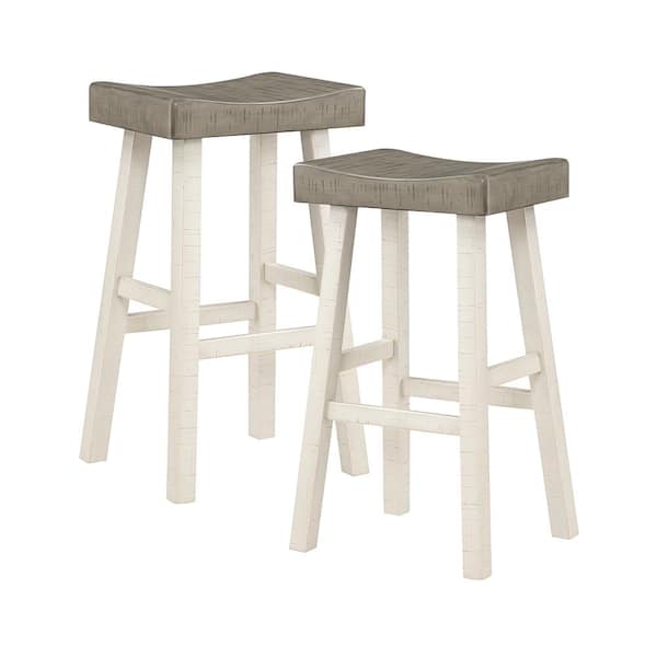 Lazzara Oxton 30 in. White and Coffee Wood Pub Height Stool with Wood Seat (Set of 2)
