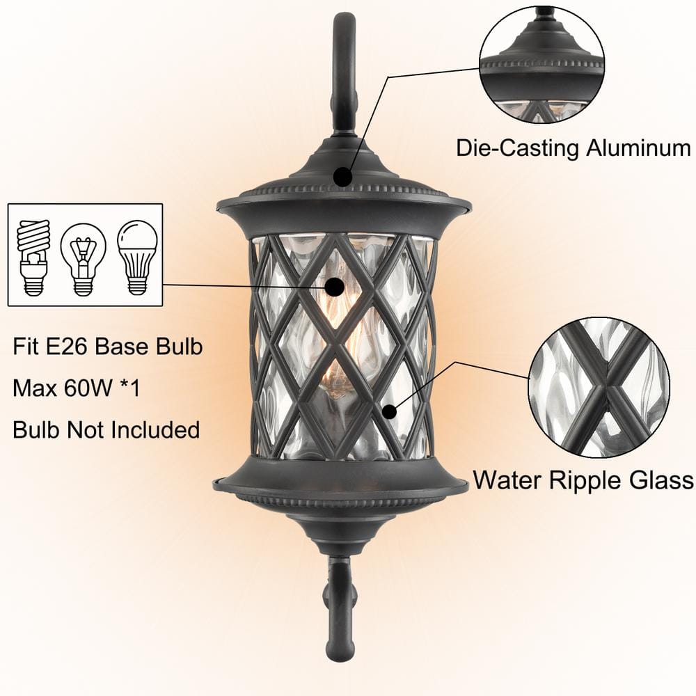 Matte Black Rippled Glass Outdoor Wall Lantern