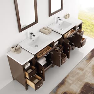 Cambridge 84 in. Vanity in Antique Coffee with Porcelain Vanity Top in White with White Ceramic Basins and Mirror