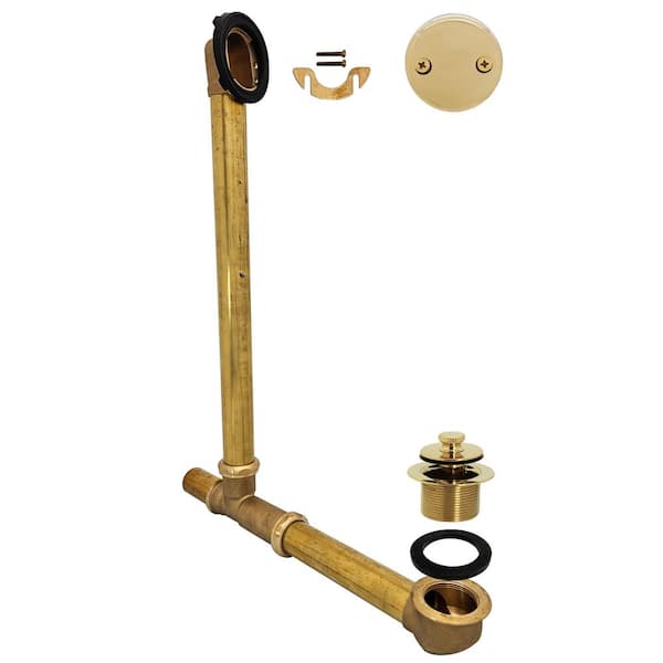 20 in. Above Floor Brass Bathtub Overflow with Twist and Close Drain and 2-Hole Overflow Cover, Polished Brass