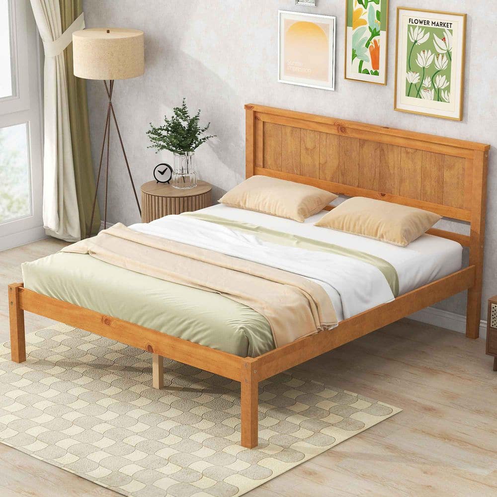 Polibi Oak Wood Frame Full Size Platform Bed with Headboard RS21