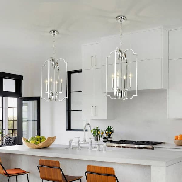 RayHome 4-Light Modern Pendant Light, Chrome Rectangular Metal Shade for Kitchen Island, Dining Room, and Foyer