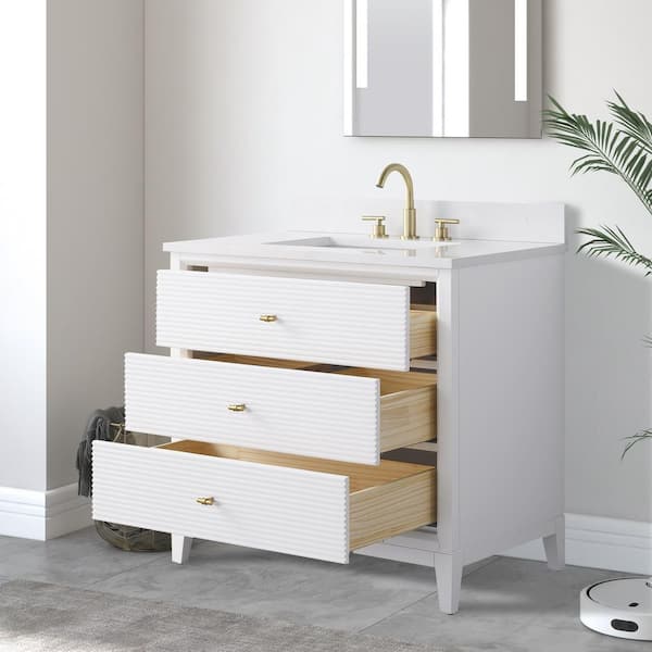 36 in. W x 34 in. H Single Sink White Bath Vanity Cabinet with Arabescato White Engineered Marble Top