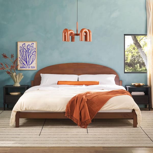 Walker Edison Furniture Company Modern Brown Solid Wood Frame King Platform Bed with Elegant Curved Headboard