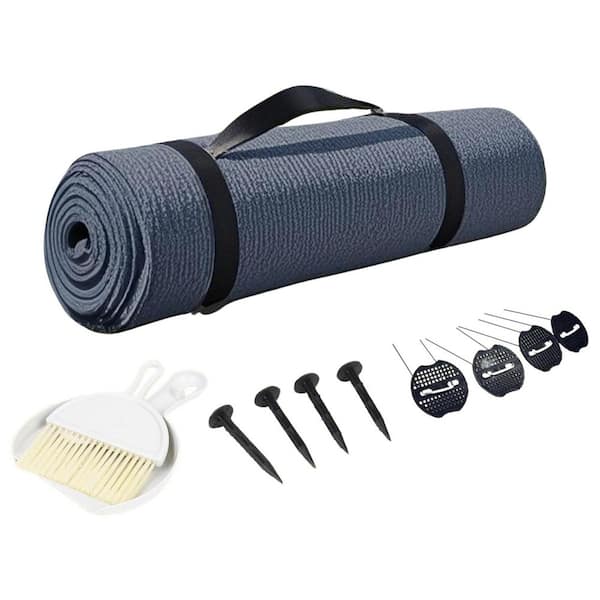 9' x 12' Outdoor Camping Carpet with Eyelets Nails Broom HDPE Material for RV Patio Beach Blue Grey