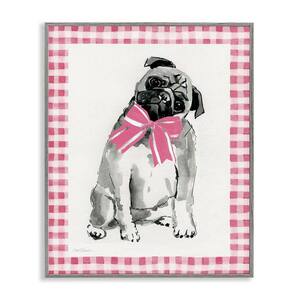 Pug with Plaid Border by Carol Robinson Gray Framed Animal Giclee Art Print 30 in. x 24 in.