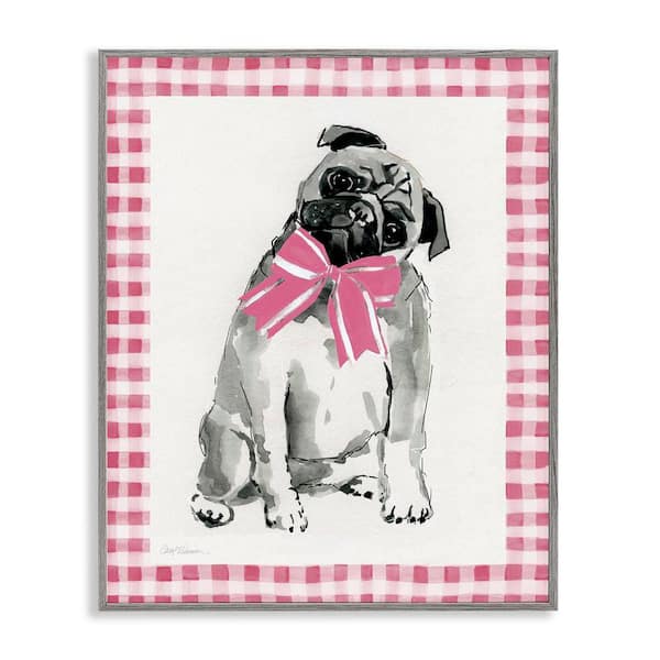 Stupell Industries Pug with Plaid Border by Carol Robinson Gray Framed Animal Giclee Art Print 30 in. x 24 in.