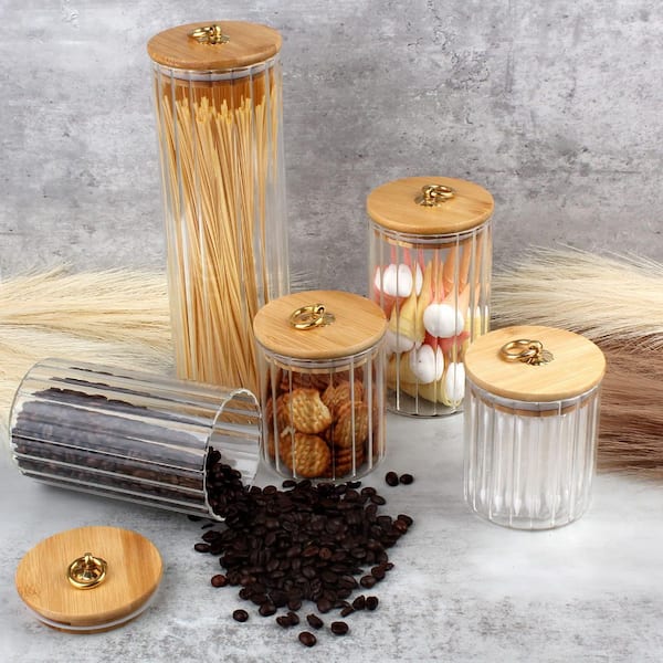 5-Piece Borosilicate Glass Decorative Coffee Bar Container with Airtight Bamboo Lid Metal Ring, Glass Storage Jars Set