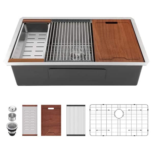 33 in. Undermount Single Bowl 16 Gauge Brushed Stainless Steel Ledge Workstation Handmade Kitchen Sink