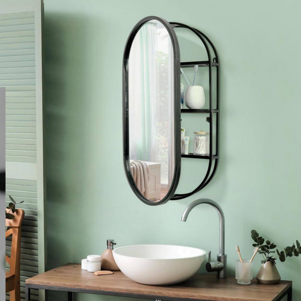 Black Metal Oval Vanity Mirror with Storage Shelves - 15" x 30"
