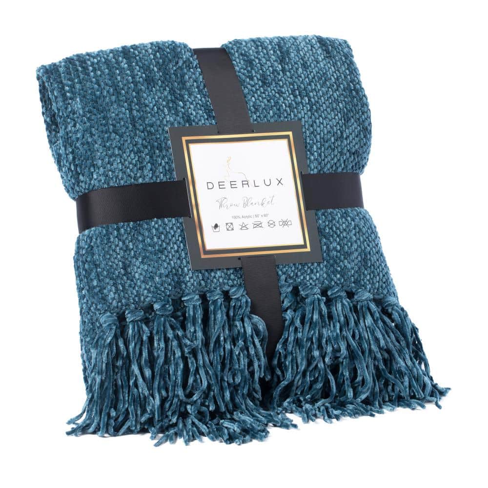 DEERLUX Navy Decorative Chenille Throw Blanket with Fringe QI003969.NV -  The Home Depot