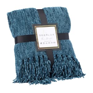 Navy Decorative Chenille Throw Blanket with Fringe