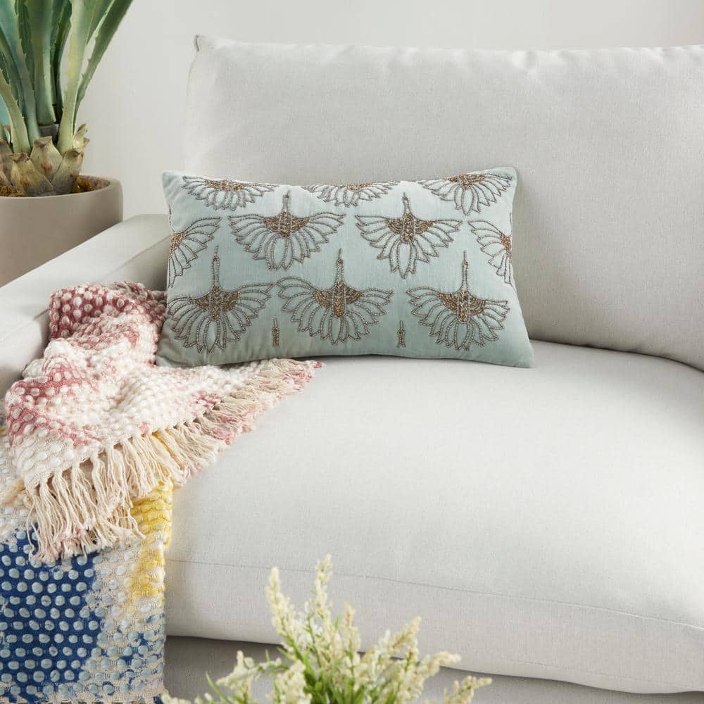 12" x 20" Celadon Green Beaded Floral Lumbar Pillow