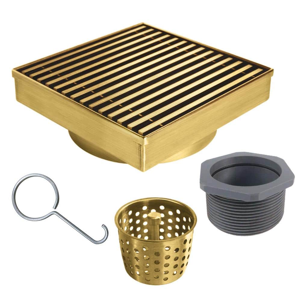 RELN 8 in. x 8 in. Brushed Gold Square Shower Drain with Linear Pattern Drain Cover -  FD0802LNBG