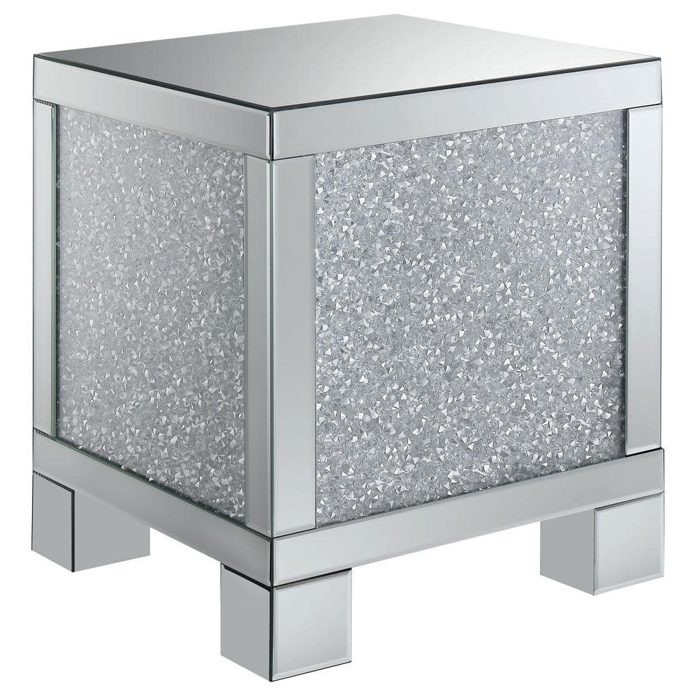 Silver Mirrored Square End Table with Crystal Accents