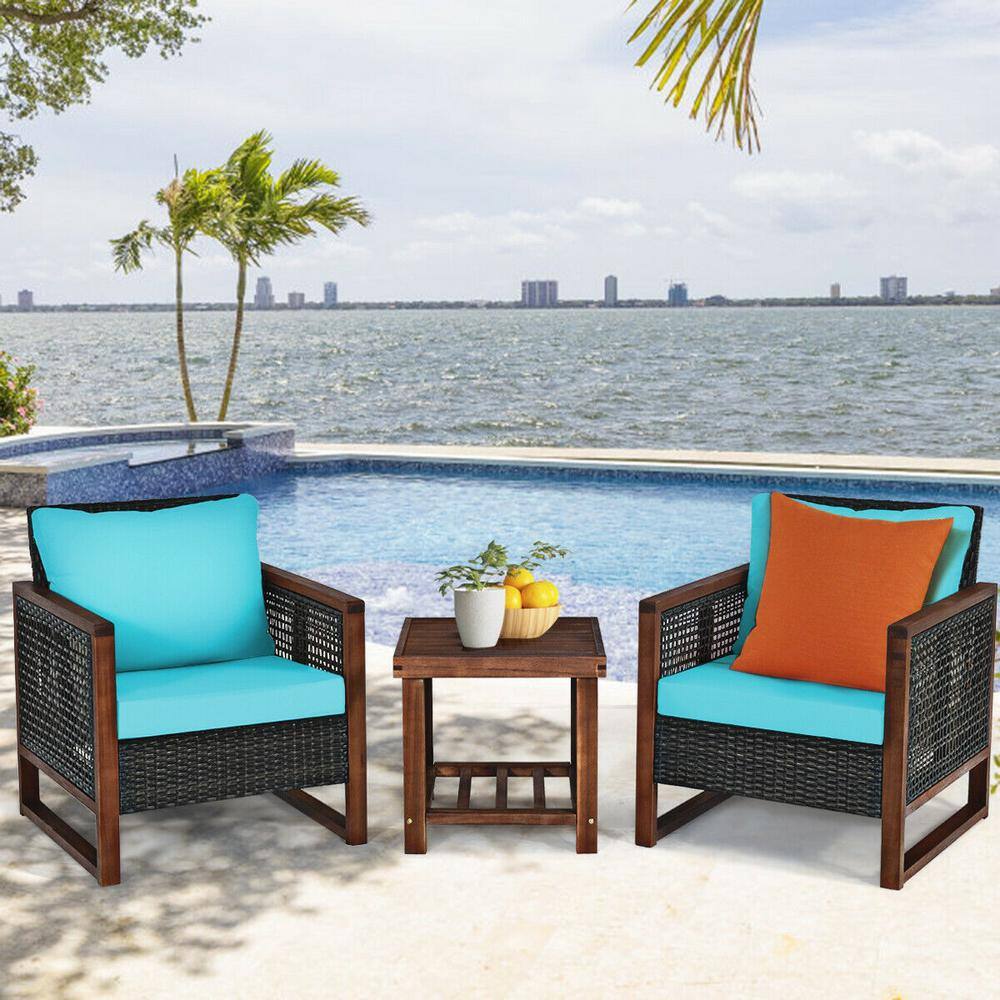 Turquoise Cushioned Armchair Set with Wooden Frame and Table