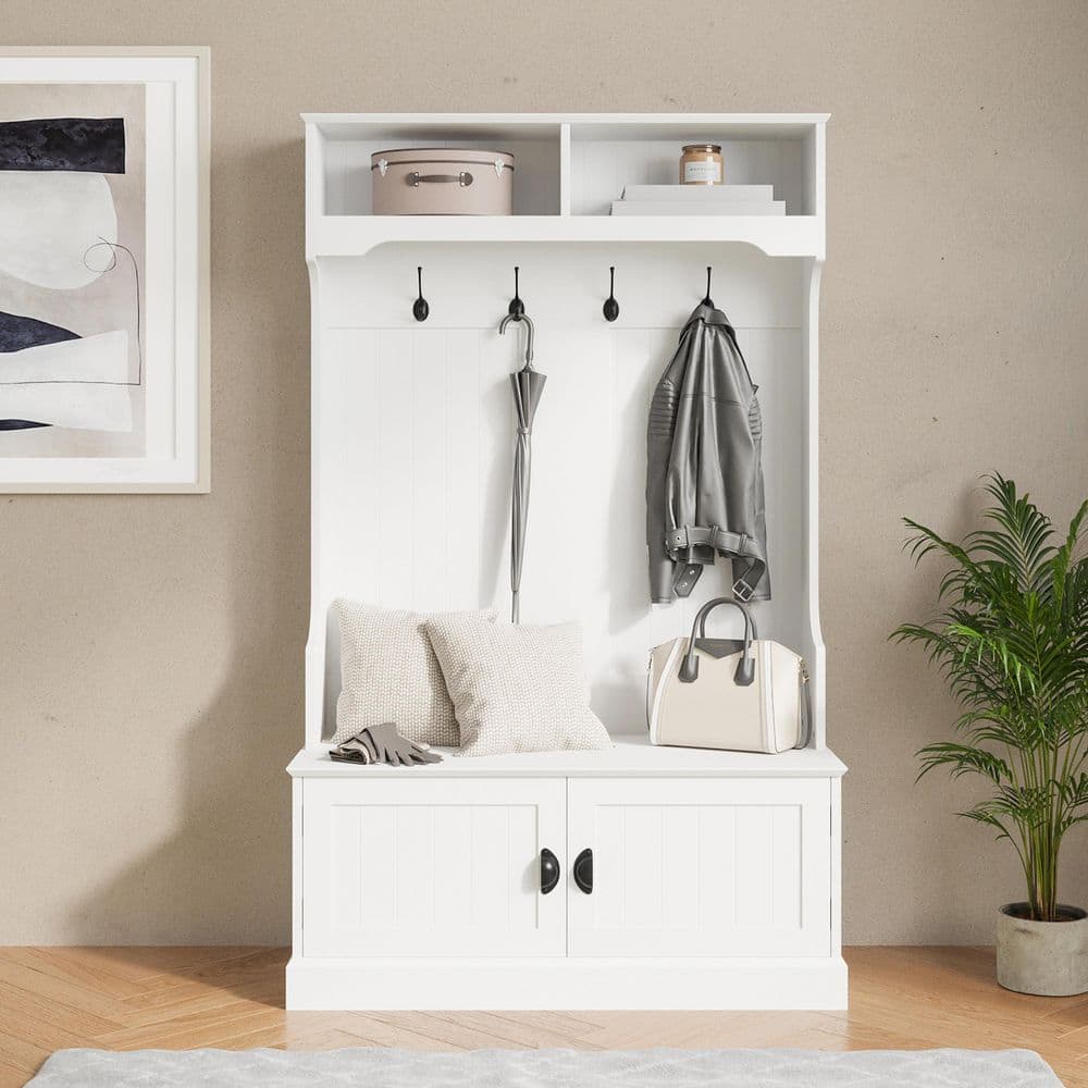 White Wooden Hall Tree with Storage Bench and Coat Rack