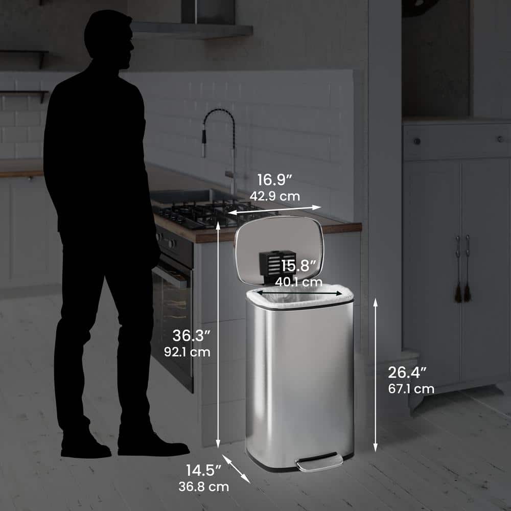 Brushed Stainless Steel 13 Gallon Step Trash Can with Odor Control
