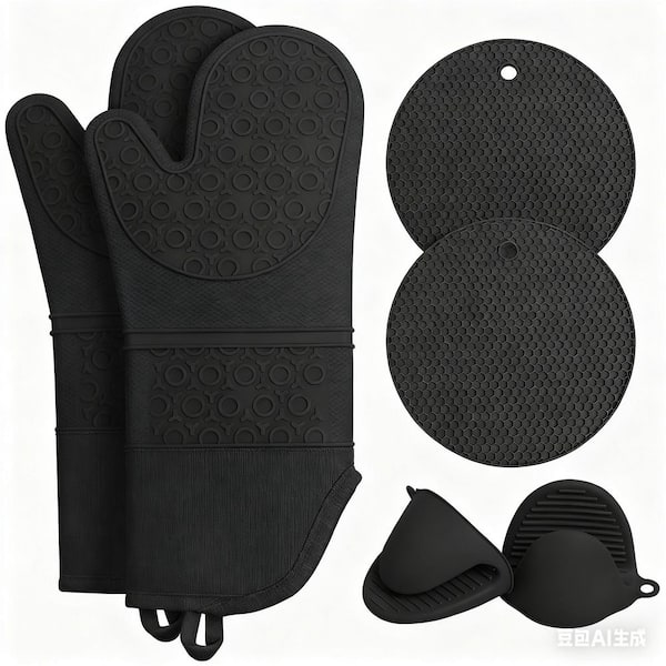 Black Extra Long Silicone Oven Mitts and Pot Holders Set 6-Pack, High Heat Resistant 500° Non-Slip Potholders