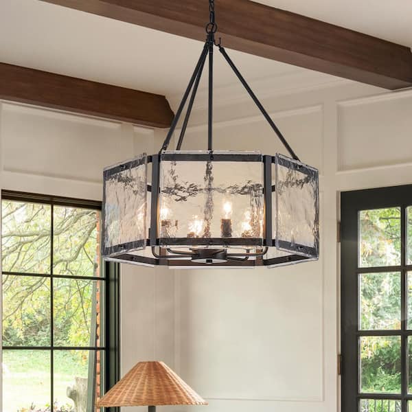 LLHZSY Dvorakova 24.02 in. 6-Light Black Lantern Drum Chandelier with Water Ripple Glass Shade