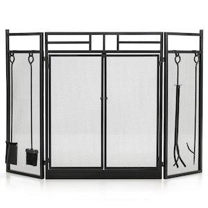 Black Wrought Iron 3-Panel Fireplace Screen with Doors and 4-Pieces Tools Set