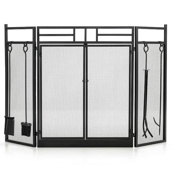 SUNRINX Black Wrought Iron 3-Panel Fireplace Screen with Doors and 4-Pieces Tools Set