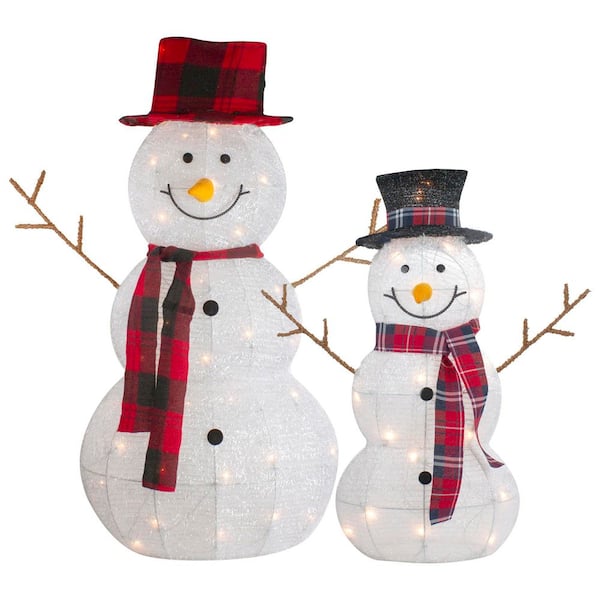 Lighted Tinsel Snowmen Family Christmas Yard Decorations-Clear Lights-Set of 2