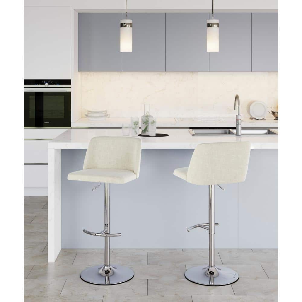 Cream Upholstered Adjustable Swivel Barstools with Chrome Base