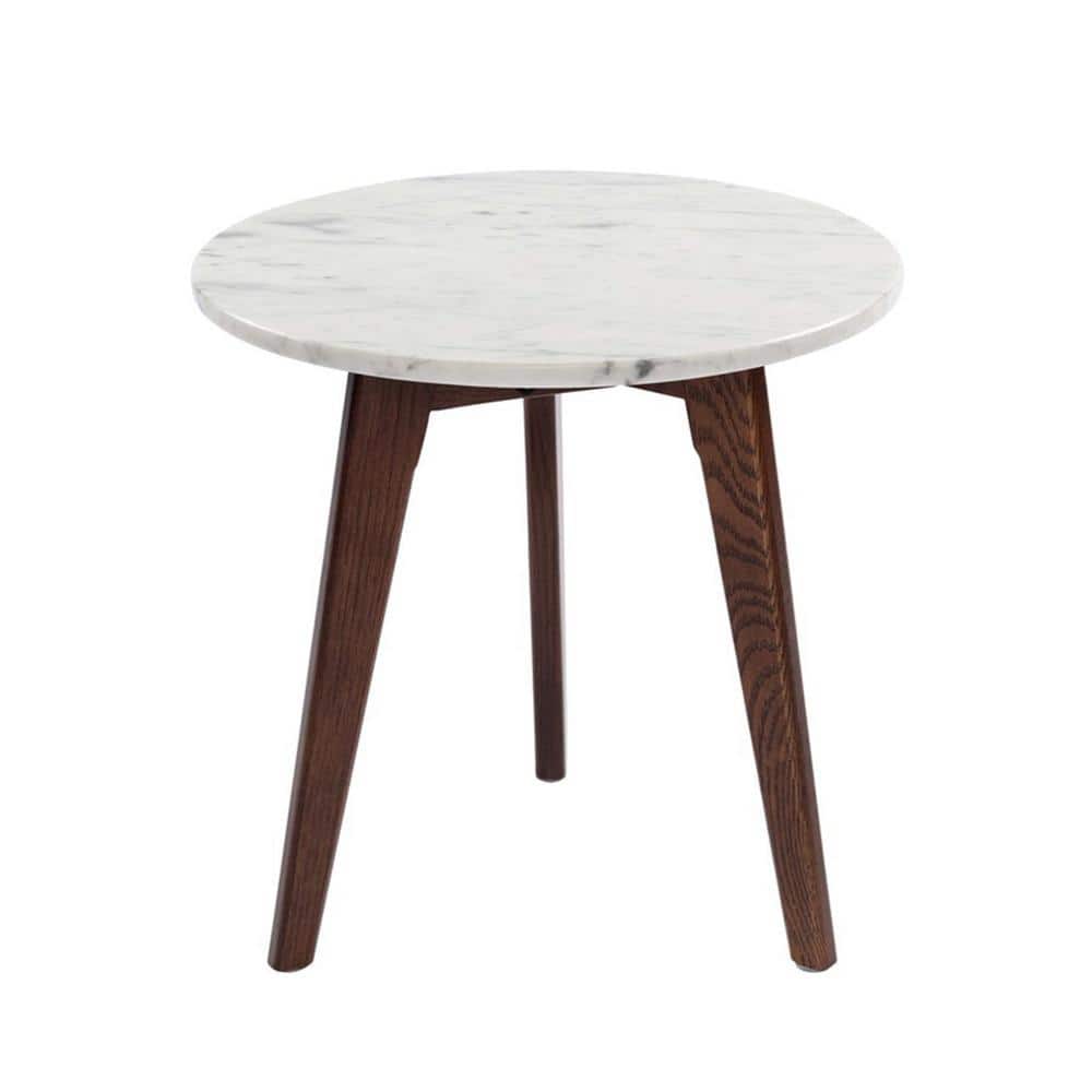 Cherie 19" Round White Marble and Elm Wood Side Table