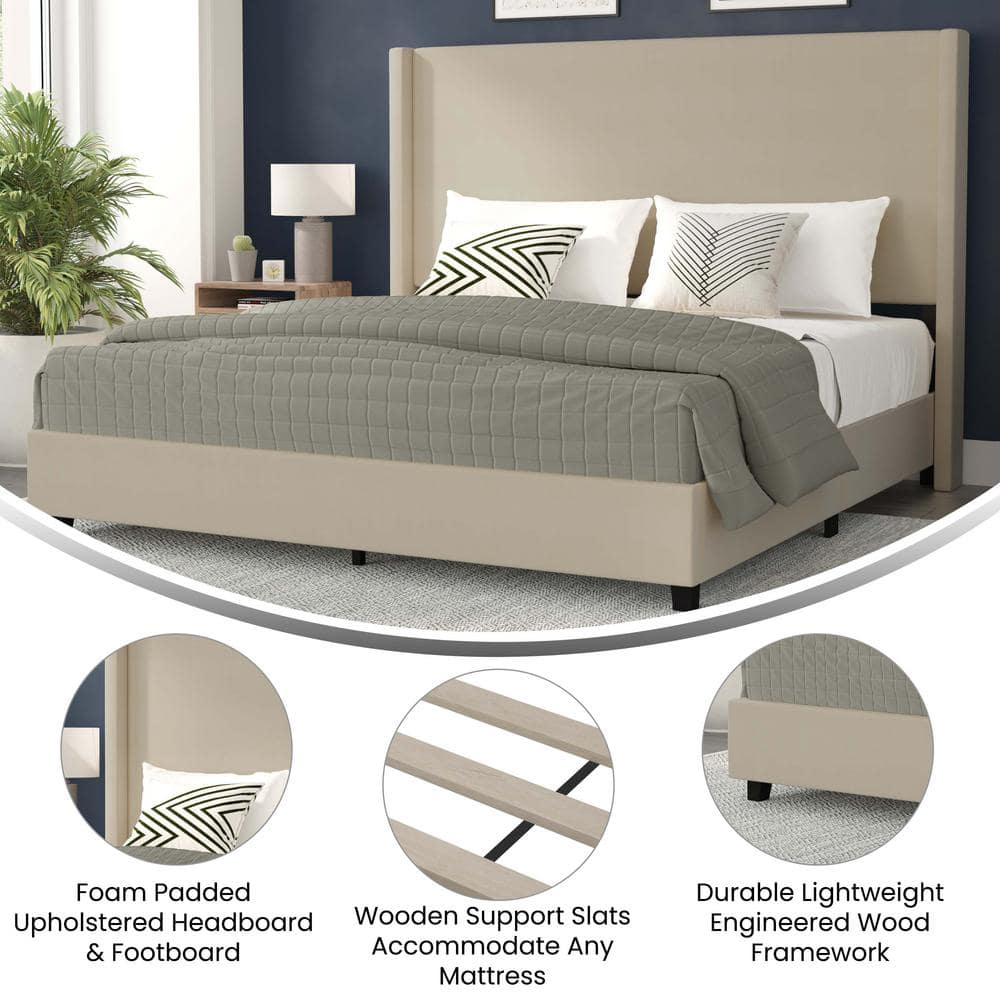 Beige King Upholstered Platform Bed with Wingback Headboard