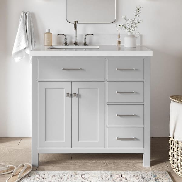 ARIEL Bristol 37 in. W x 22 in. D x 36 in. H Freestanding Bath Vanity in Grey with Pure White Quartz Top