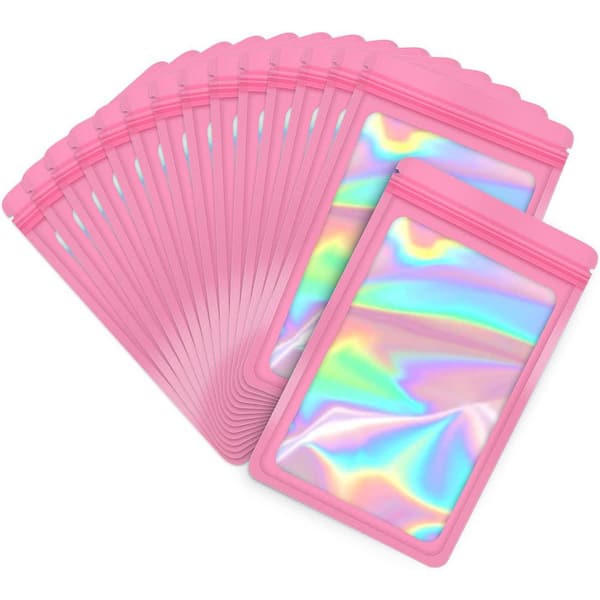 100-Pack 2×2 in. Holographic Mylar Bags with Clear Window Resealable Zip Packaging in Pink
