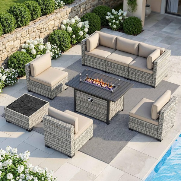 8-Piece Wicker Patio Conversation Set with 55,000-BTU Fire Pit Table and Glass Top Table with Beige Cushions