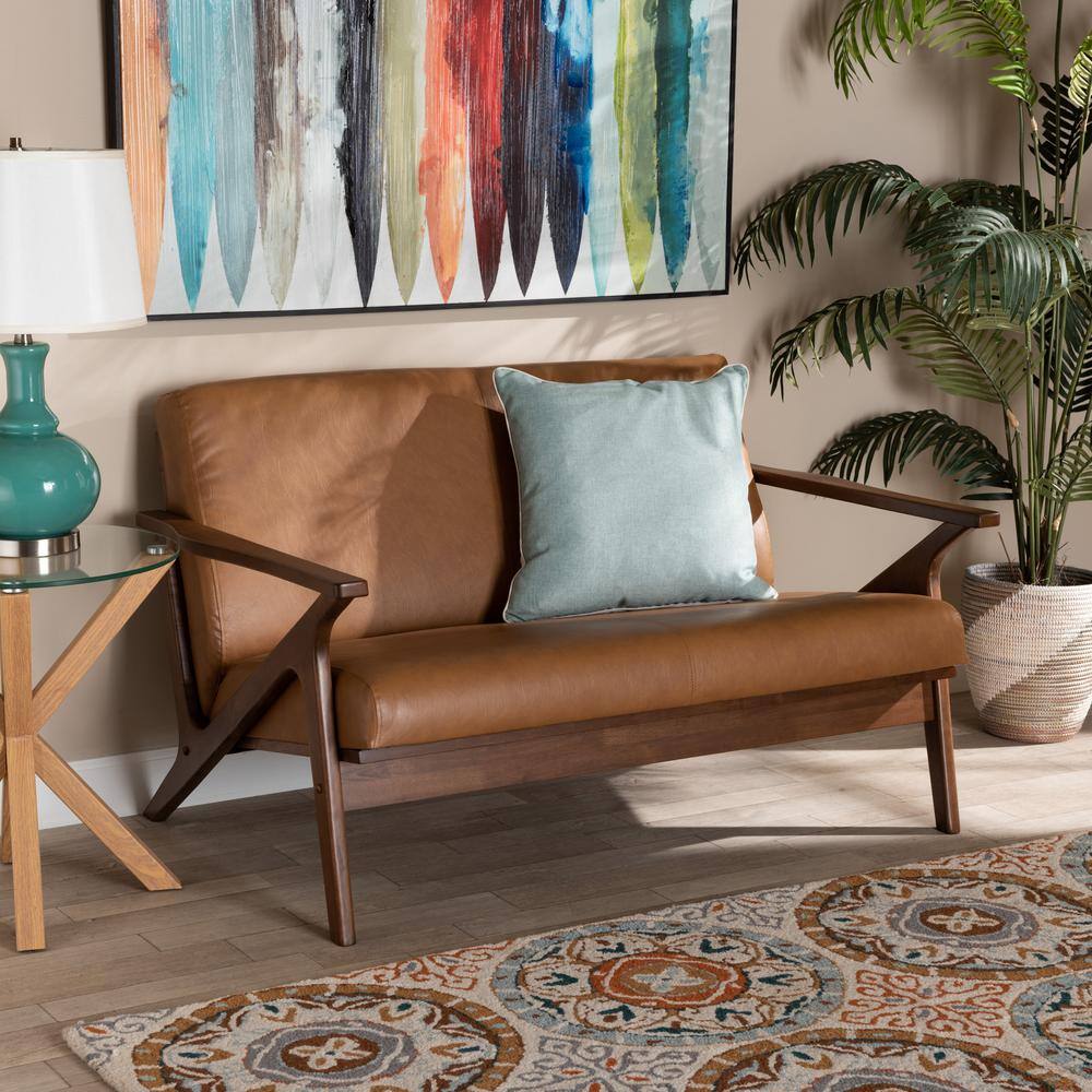 Mid-Century Modern Tan Faux Leather and Walnut Wood Loveseat
