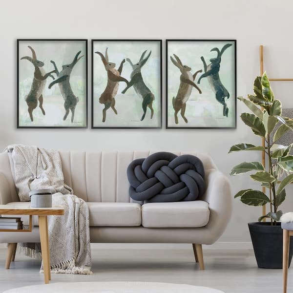 Battling Hares in Neutral Tones by Kay Widdowson 3 Piece Black Framed Animal Giclee Art Print 30 in. x 24 in.