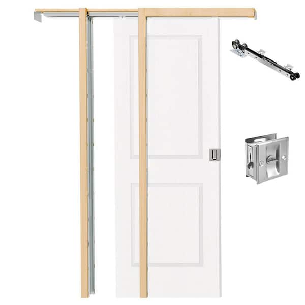 28 in. x 80 in. 2-Panel Hollow Core Primed Wood Sliding Pocket Door with Frame, Soft Close and Lock Included