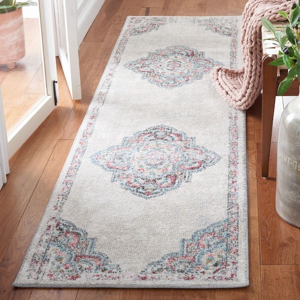 Phoenix 2 ft. x 10 ft. Ivory/Gray Medallion Ornate Distressed Runner Rug