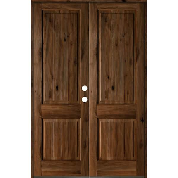 Krosswood Doors 60 in. x 80 in. Rustic Knotty Alder Square Top Provincial Stain/V-Groove Left-Hand Wood Double Prehung Front Door