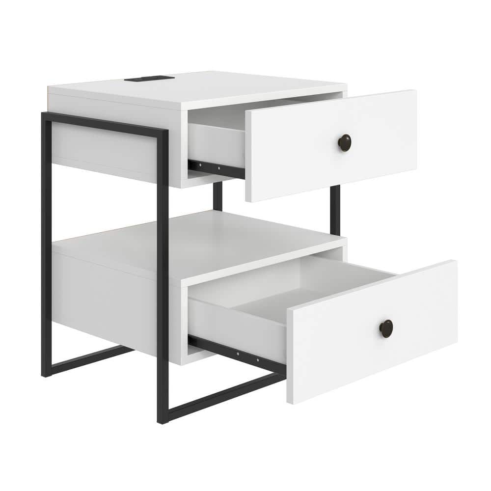 Pesaro Modern White 2-Drawer Nightstand with Power and USB Charging Station