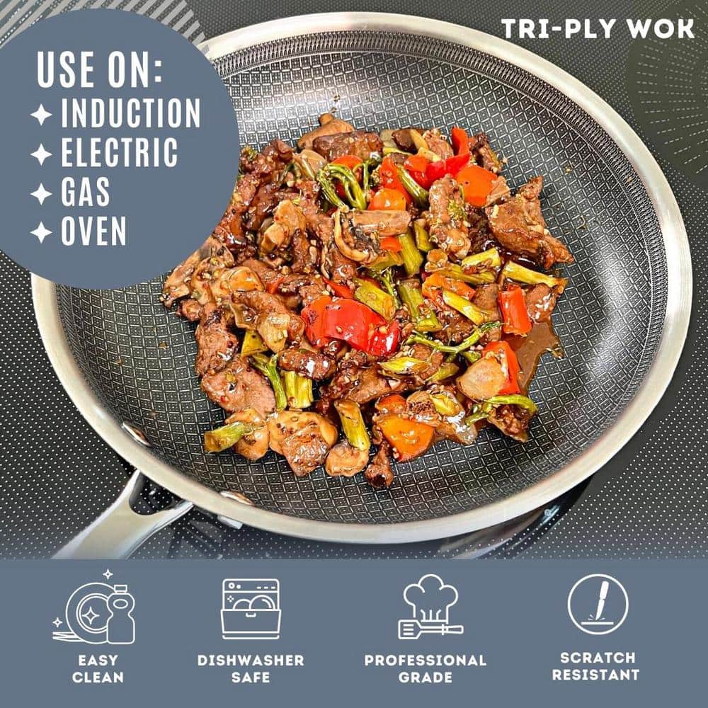 Lexi Home 5-Quart Stainless Steel Nonstick Wok with Glass Lid